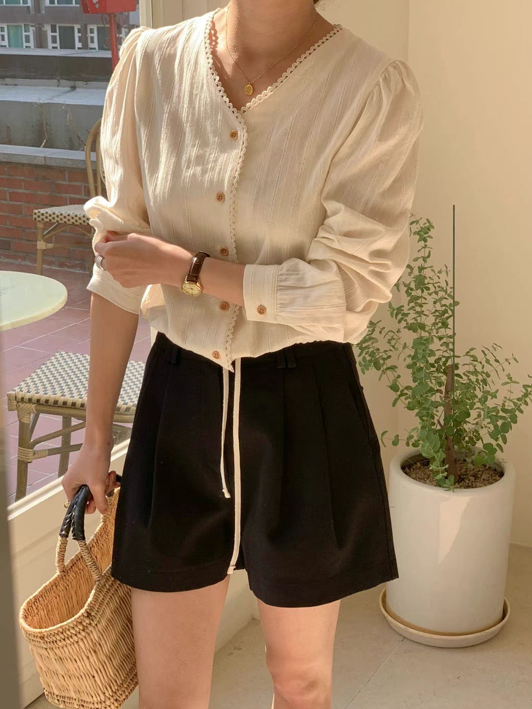 Lace Trim Textured Blouse